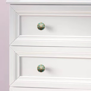 Ornamental Gold Filigree Teal Pearl Sheen Orb Ceramic Knob