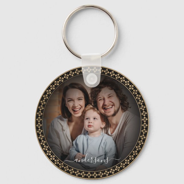 Ornamental Golden Custom Family Couple Photo Keychain (Front)