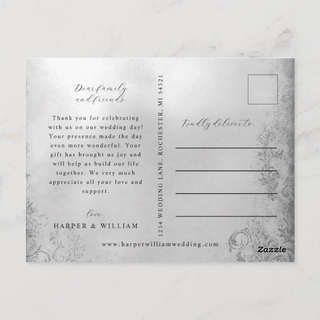 Ornamental grey thank you photo wedding Postcard (Back)
