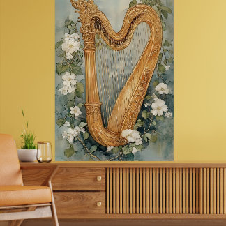 ornamental harp surrounded by white flowers poster