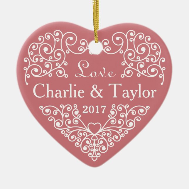 Ornamental Heart custom names & date ornament (Front)