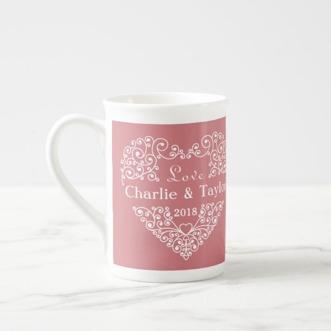 Ornamental Heart custom names & year mugs (Left)