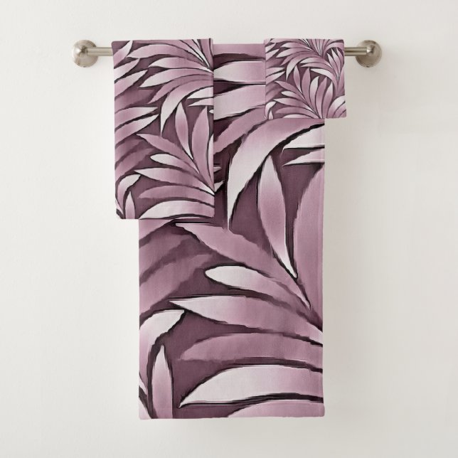 Ornamental Leaves In Pastel Eggplant Hues Bath Towel Set (Insitu)