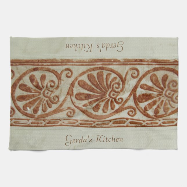 Ornamental Mediterranean Brown Border with Text Kitchen Towel (Horizontal)