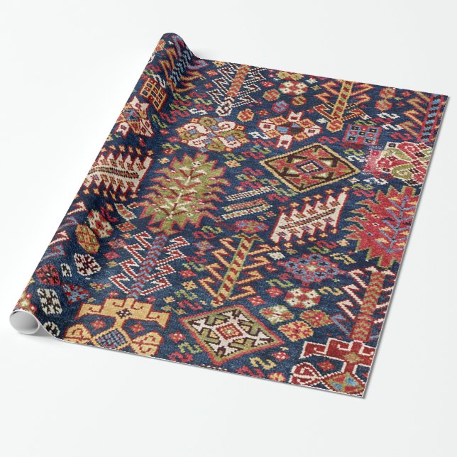 Ornamental Midnight Blue Shekarlu Zig-Zag  Wrapping Paper (Unrolled)