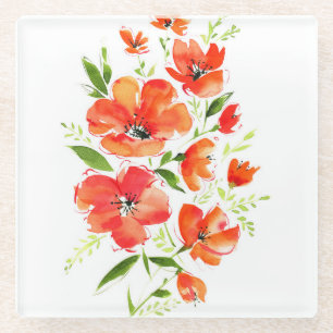 Ornamental Poppy Watercolor: Isolated Bouquet Glass Coaster
