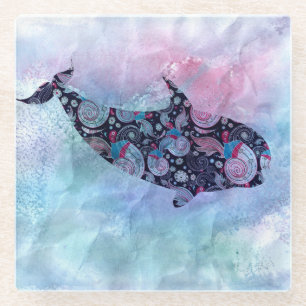 Ornamental Silhouette Whale Glass Coaster