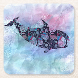 Ornamental Silhouette Whale Square Paper Coaster