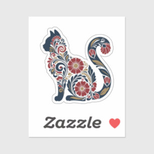 Ornamental Sitting Cat - Red, Blue & Gold Floral P