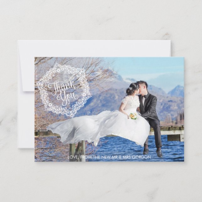 Ornamental Stylish 2 Photo Wedding Thank You Card (Front)