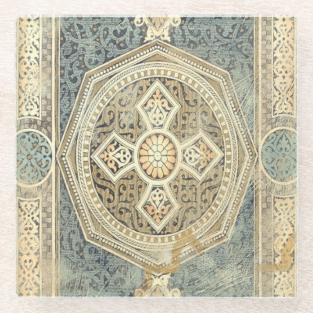 Ornamental Tapestry with Ornate Geometric Design Glass Coaster (Front)