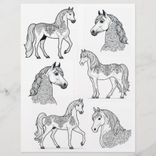 Ornamental Tattooed Horses B&W Line-Art