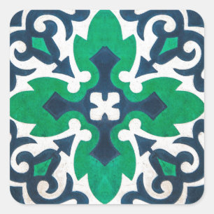 Ornamental Tile Damask Blue Green Swirl Square Sticker