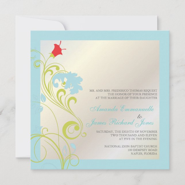 Ornamental vine/aqua blue/green /grey invitation (Front)