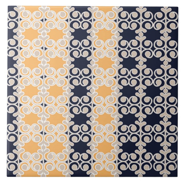 Ornamental, vines, lines, pattern, navy blue, ochr tile (Front)