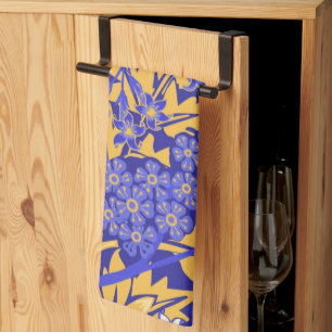 Ornamental vivid blue and golden yellow kitchen towel