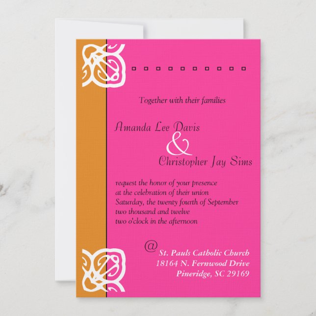 Ornamental Wedding Invitation Orange and Pink (Front)