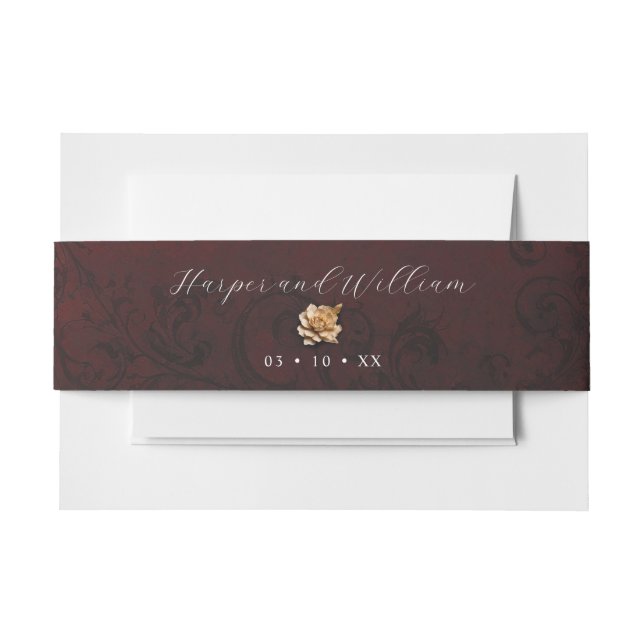 Ornamented gold rose wedding invitation belly band (Front Example)