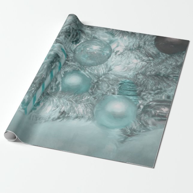 Ornaments Christmas Teal Green Silver Tree Holiday Wrapping Paper (Unrolled)