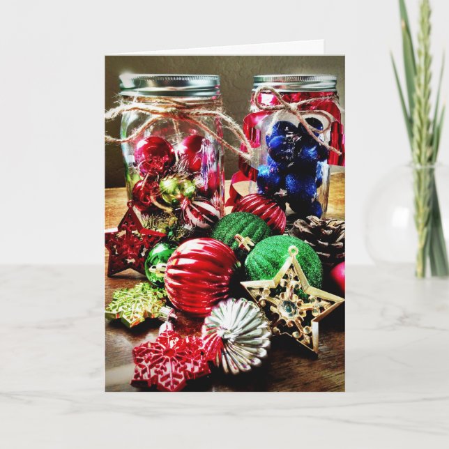 Ornaments in Mason Jars Rustic Christmas Cards (Front)