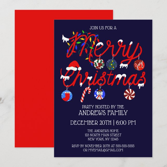 Ornaments Lights Snowy Merry Christmas Party Invitation (Front/Back)