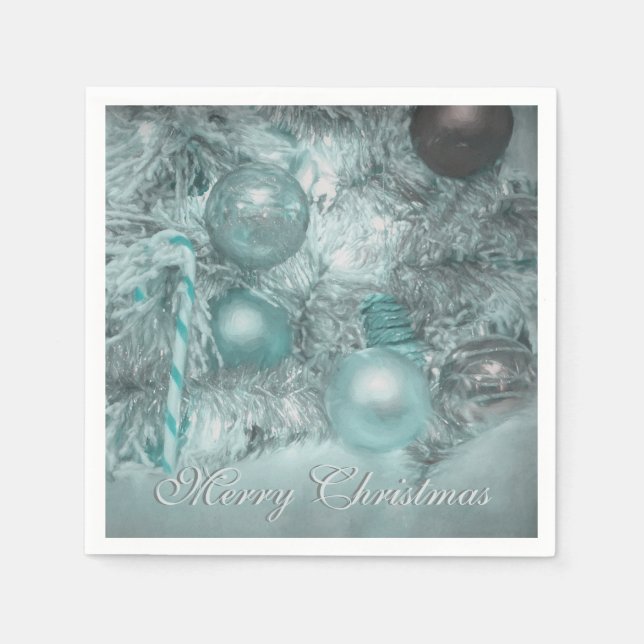 Ornaments Merry Christmas Holiday Teal Green Tree Napkin (Front)