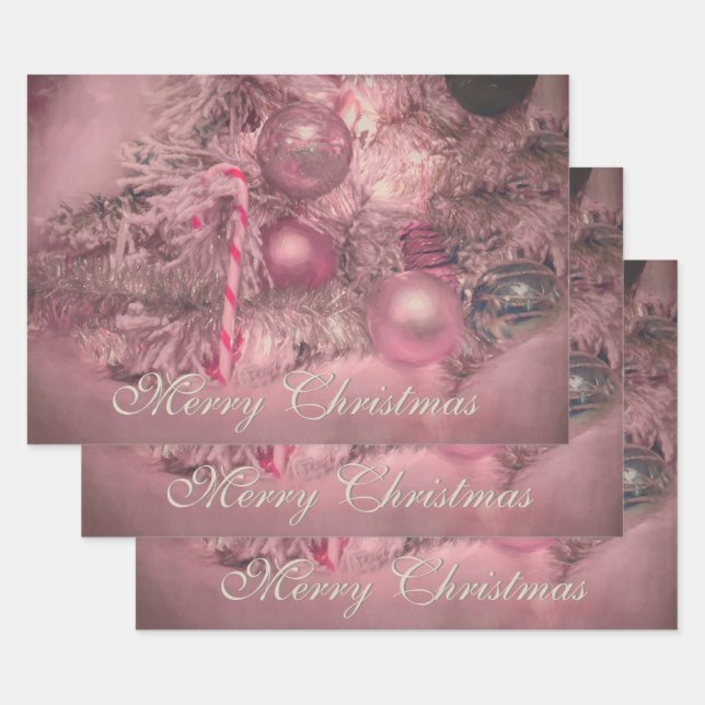 Ornaments Merry Christmas Pink Silver Holiday Tree Wrapping Paper Sheet (Set)
