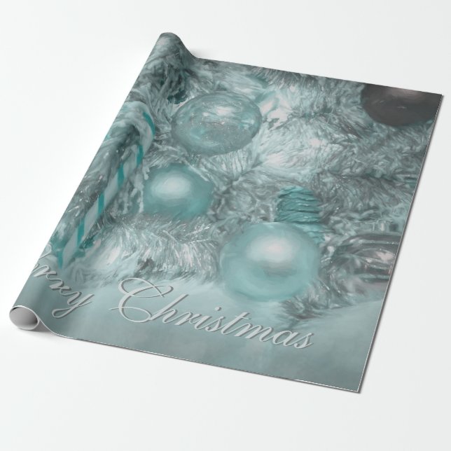 Ornaments Merry Christmas Teal Green Tree Holiday Wrapping Paper (Unrolled)