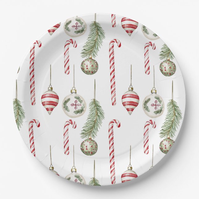 Ornaments Pine Candy Canes Festive Christmas Paper Plate (Front)