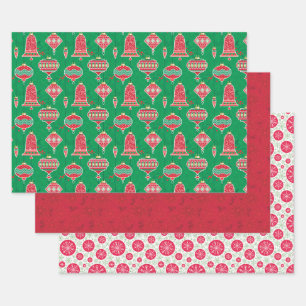 Ornaments Poinsettias Snowflake Dots Christmas Wrapping Paper Sheet