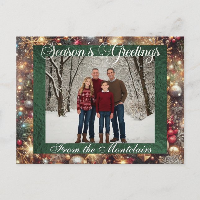 Ornaments, Silver Script & Framed Photo - Green Holiday Postcard (Front)