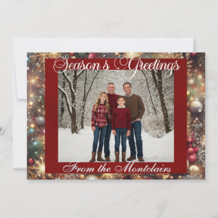 Ornaments, Silver Script & Framed Photo - Red Holiday Card