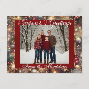 Ornaments, Silver Script & Framed Photo - Red Holiday Postcard