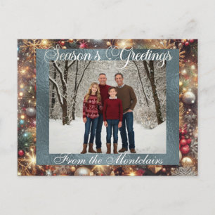 Ornaments, Silver Script & Framed Photo - Silver Holiday Postcard