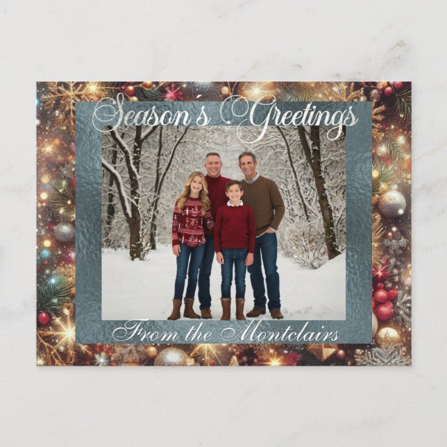 Ornaments, Silver Script & Framed Photo - Silver Holiday Postcard (Front)