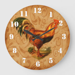 Ornate and Rustic Country Rooster Kitchen Large Clock
