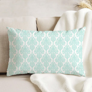 Ornate Antique Damask Pattern Aqua on White Accent Pillow