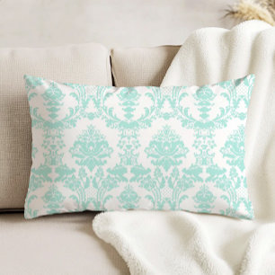 Ornate Antique Damask Pattern Aqua on White Accent Pillow