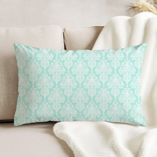 Ornate Antique Damask Pattern White on Aqua Accent Pillow
