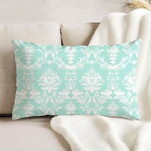 Ornate Antique Damask Pattern White on Aqua Accent Pillow