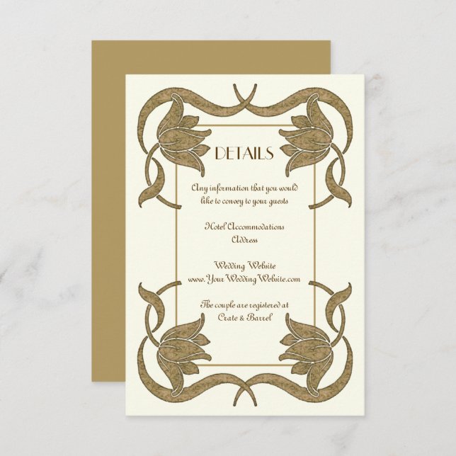 Ornate Art Nouveau Ivory and Gold Wedding Details Enclosure Card (Front/Back)