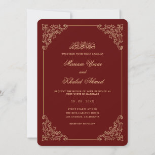 Ornate Baroque Gold Frame Burgundy Muslim Wedding Invitation