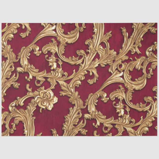 Ornate Baroque Golden Floral Damask Red Velvet Tissue Paper (Front)