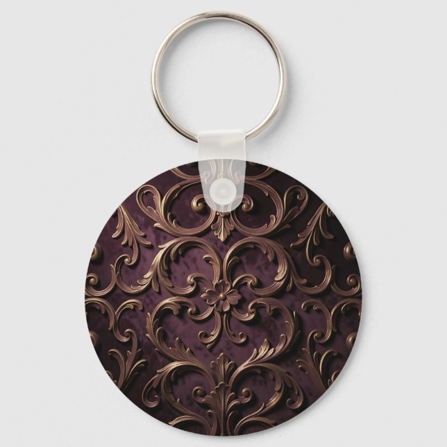 Ornate Baroque Scroll Pattern Deep Purple Gold Keychain (Front)