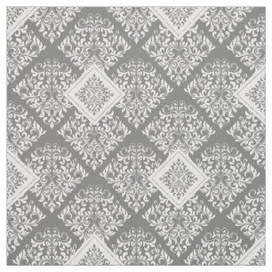 ornate baroque white grey Damask Fabric
