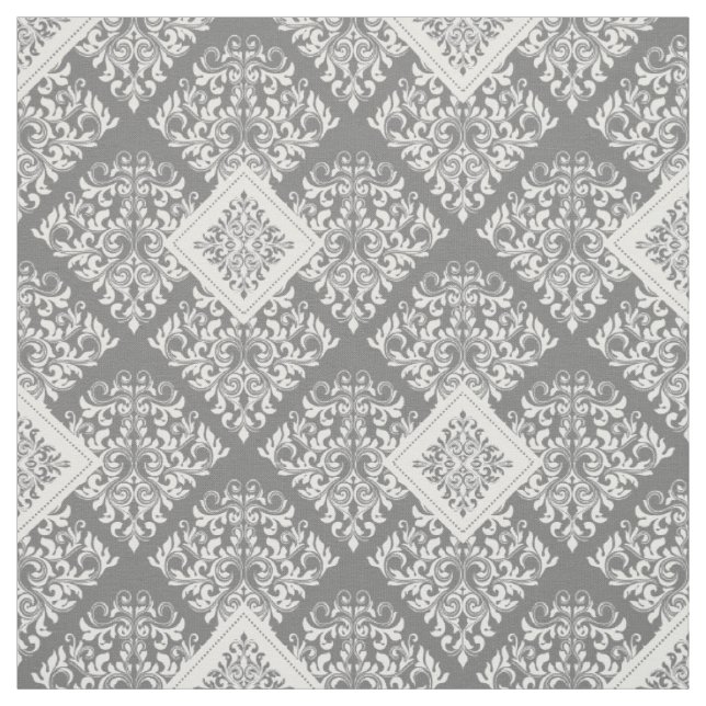 ornate baroque white grey Damask Fabric (Swatch)