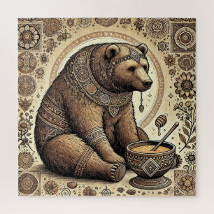 Ornate Bear Surrounded by Mandala and Honey  Jigsaw Puzzle