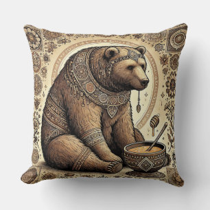 Ornate Bear Surrounded by Mandala and Honey  Throw Pillow