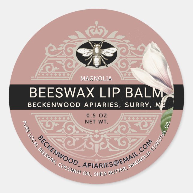 Ornate Beeswax Lip Balm Heraldic Bee Magnolia Classic Round Sticker (Front)