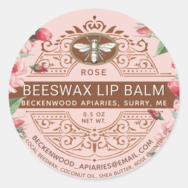 Ornate Beeswax Lip Balm Heraldic Bee Rose Classic Round Sticker (Front)